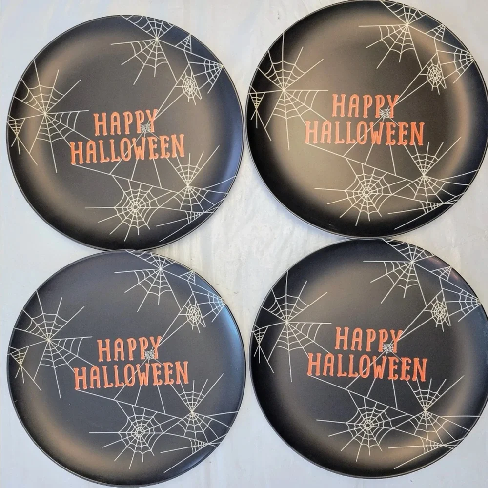 4 ct Lot Hyde & Eek Melamine Dinner Plates Happy Halloween Spiderwebs 10” Set